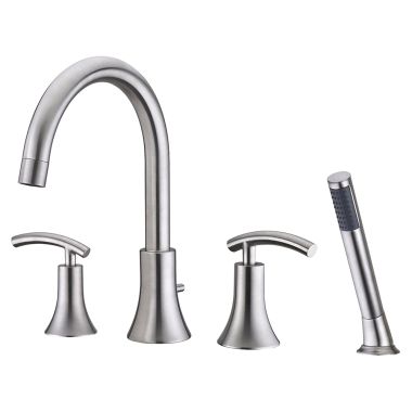 Click here to see Ultra Faucets UF65143 Ultra Faucets Sweep Two-Handle Roman Tub Faucet with 2.5 GPM Hand Shower, 4-Hole, NEOPERL Stream, Lever Handles, Brushed Nickel - UF65143