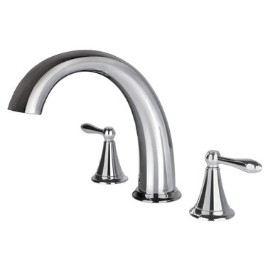 Click here to see Ultra Faucets UF65200 Ultra Faucets Contour Two-Handle Deck-Mount Roman Tub Faucet, 3-Hole, NEOPERL Stream, Lever Handles, ADA, Polished Chrome - UF65200