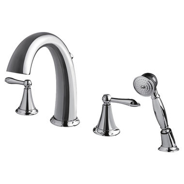 Click here to see Ultra Faucets UF65240 Ultra Faucets Contour Two-Handle Roman Tub Faucet with 2.5 GPM Hand Shower, 4-Hole, NEOPERL Stream, Lever Handles, Polished Chrome - UF65240