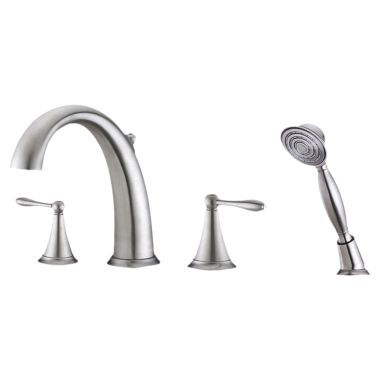 Click here to see Ultra Faucets UF65243 Ultra Faucets Contour Two-Handle Roman Tub Faucet with 2.5 GPM Hand Shower, 4-Hole, NEOPERL Stream, Lever Handles, Brushed Nickel - UF65243