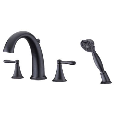 Click here to see Ultra Faucets UF65245 Ultra Faucets Contour Two-Handle Roman Tub Faucet with 2.5 GPM Hand Shower, 4-Hole, NEOPERL Stream, Lever Handles, Oil Rubbed Bronze - UF65245
