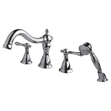 Click here to see Ultra Faucets UF65040 Ultra Faucets Prime Two-Handle Roman Tub Faucet with 2.5 GPM Hand Shower, 4-Hole, NEOPERL Stream, Lever Handles, Polished Chrome - UF65040