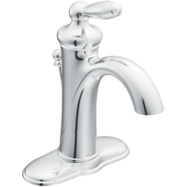 Click here to see Moen 66600 Moen Brantford Single-Handle High Arc Chrome Bathroom Faucet with 50/50 Pop-Up Drain and Deckplate, 1.2 GPM, Lever Handle, Single-Hole - 66600