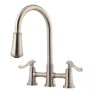 Click here to see Pfister LG531-YPK Pfister Ashfield Brushed Nickel Two-Handle Pull-Out Bridge Kitchen Faucet - LG531-YPK