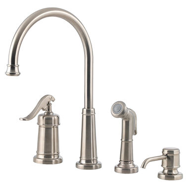 Click here to see Pfister LG26-4YPK Pfister Ashfield Single-Handle Kitchen Faucet w/ Side Spray, Soap Dispenser, 4 Hole, Brushed Nickel - LG26-4YPK