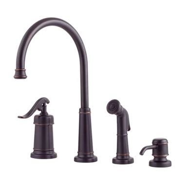 Click here to see Pfister LG26-4YPY Pfister Ashfield Single-Handle Kitchen Faucet w/ Side Spray, Soap Dispenser, 4 Hole, Tuscan Bronze - LG26-4YPY
