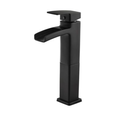 Click here to see Pfister LG40-DF0B Pfister Kenzo Single-Hole Vessel Bathroom Faucet, Trough Spout, One-Handle, 1.2 GPM, Lever Handle, Less Drain, Matte Black - LG40-DF0B