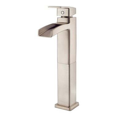 Click here to see Pfister LG40-DF0K Pfister Kenzo Single-Hole Vessel Bathroom Faucet, Trough Spout, One-Handle, 1.2 GPM, Lever Handle, Less Drain, Brushed Nickel - LG40-DF0K