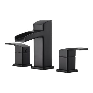 Click here to see Pfister LG49-DF0B Pfister Kenzo Widespread Deck-Mount Bathroom Faucet with Metal Pop-Up Drain, Trough Spout, Two-Handle, 1.2 GPM, Lever Handle, Matte Black - LG49-DF0B