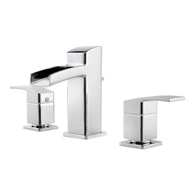 Click here to see Pfister LG49-DF0C Pfister Kenzo Widespread Deck-Mount Bathroom Faucet with Metal Pop-Up Drain, Trough Spout, Two-Handle, 1.2 GPM, Lever Handle, Polished Chrome - LG49-DF0C