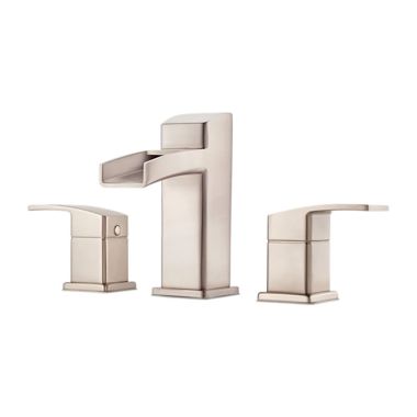 Click here to see Pfister LG49-DF0K Pfister Kenzo Widespread Deck-Mount Bathroom Faucet with Metal Pop-Up Drain, Trough Spout, Two-Handle, 1.2 GPM, Lever Handle, Brushed Nickel - LG49-DF0K