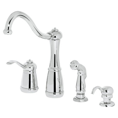 Click here to see Pfister LG26-4NCC Pfister Marielle Single-Handle Kitchen Faucet w/ Side Spray, Soap Dispenser, 4 Hole, Chrome - LG26-4NCC