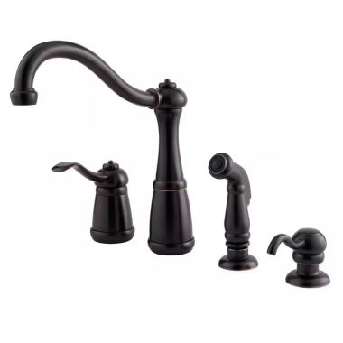 Click here to see Pfister LG26-4NYY Pfister Marielle Single-Handle Kitchen Faucet w/ Side Spray, Soap Dispenser, 4 Hole, Tuscan Bronze - LG26-4NYY