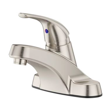 Click here to see Pfister LG142-800K Pfister Pfirst Series Centerset Bathroom Faucet with Metal Pop-Up, Single-Handle, 1.2 GPM, Lever Handle, ADA, Brushed Nickel - LG142-800K