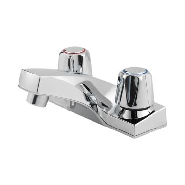 Click here to see Pfister LG143-5000 Pfister Pfirst Series Low-Arc Centerset Bathroom Faucet, Two-Handle, 1.2 GPM, Metal Knob Handle, Less Pop-Up, Polished Chrome - LG143-5000
