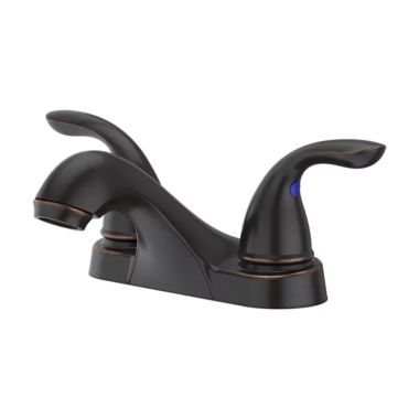 Click here to see Pfister LG143-610Y Pfister Pfirst Series Low-Arc Centerset Bathroom Faucet with Push and Seal Drain, Two-Handle, 1.2 GPM, Lever Handle, ADA, Tuscan Bronze - LG143-610Y