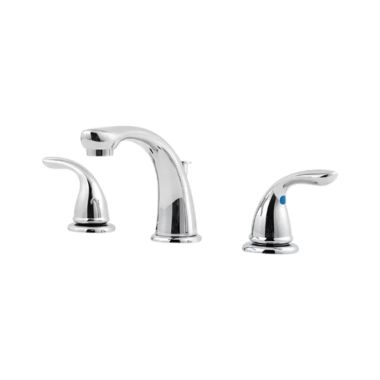 Click here to see Pfister LG149-6100 Pfister Pfirst Series Widespread Bathroom Faucet with Pop-Up Drain, Two-Handle, 1.2 GPM, Lever Handle, Pforever Seal, Polished Chrome - LG149-6100