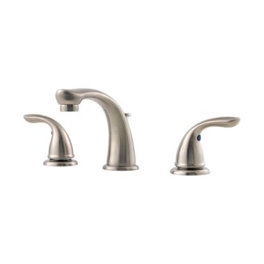 Click here to see Pfister LG149-610K Pfister Pfirst Series Widespread Bathroom Faucet with Pop-Up Drain, Two-Handle, 1.2 GPM, Lever Handle, Pforever Seal, Brushed Nickel - LG149-610K