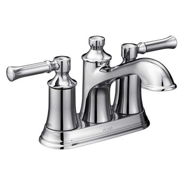 Click here to see Moen 66802 Moen Dartmoor Two-Handle Centerset Chrome Bathroom Faucet with Metal Pop-Up Drain, 1.2 GPM, Lever Handles, WaterSense, ADA, Bulk - 66802
