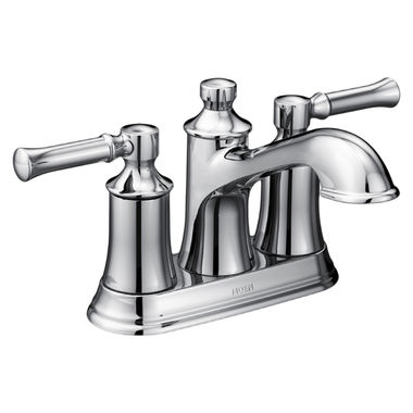 Click here to see Moen 6802 Moen Dartmoor Two-Handle Centerset Chrome Bathroom Faucet with Metal Pop-Up Drain, 1.2 GPM, Lever Handles, WaterSense, ADA - 6802