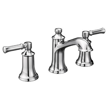 Click here to see Moen T6805 Moen Dartmoor Two-Handle Widespread Bathroom Faucet, 1.2 GPM, 60 PSI, WaterSense, Lever Handles, Three-Holes, Chrome - T6805