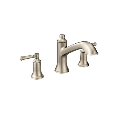Click here to see Moen T683BN Moen Dartmoor Two-Handle Roman Tub Faucet Trim, High Arc Spout, Lever Handles, ADA-Compliant, M-PACT, Brushed Nickel - T683BN