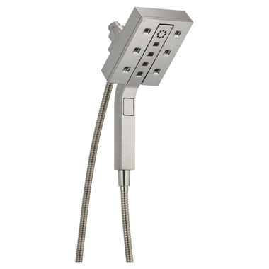 Click here to see Delta 58473-SS Delta Universal Showering 1.75 GPM 4-Setting Two-In-One Shower, H2Okinetic Technology, Touch-Clean Spray Nozzles,  Stainless - 58473-SS