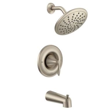Click here to see Moen T2233EPBN Moen Eva Posi-Temp Tub/Shower Faucet with 1.75 GPM Rainshower, 1-Function, Single Lever Handle, M-PACT, Brushed Nickel - T2233EPBN