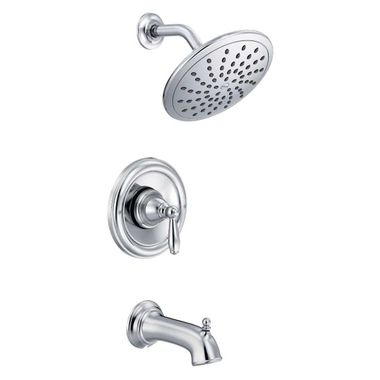 Click here to see Moen T2253EP Moen Brantford Posi-Temp Tub/Shower Faucet with 1.75 GPM Rainshower, 1-Function, Single Lever Handle, M-PACT, Chrome - T2253EP