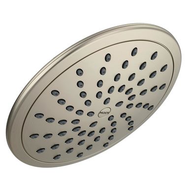Click here to see Moen 6345BN Moen 8in Round Single-Function Eco-Performance Rainfall Shower Head, LifeShine Finish, 2.5 GPM, Brushed Nickel - 6345BN
