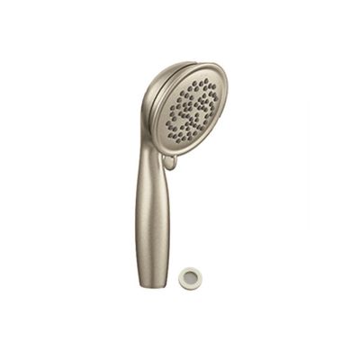 Click here to see Moen 147913BN Moen Envi 4in Three-Function Hand Shower, Round, LifeShine Finish, Eco-Performance, 1.75 GPM, WaterSense, Brushed Nickel - 147913BN