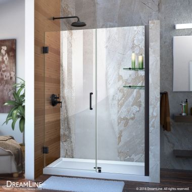 Click here to see DreamLine SHDR-20497210S-09 DreamLine Unidoor SHDR-20497210S-09 Frameless Hinged Shower Door with Shelves, 49-50 in. W x 72 in. H, Satin Black