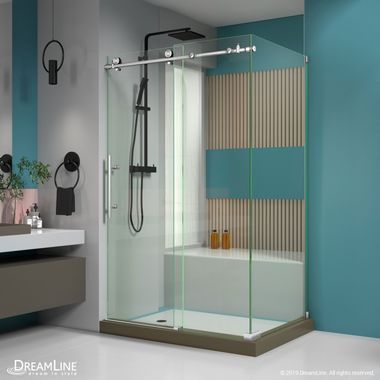 Click here to see DreamLine SHEN-6134480-07 DreamLine Enigma-X Sliding Shower Enclosure w/ Brushed Stainless Steel Trim - SHEN-6134480-07