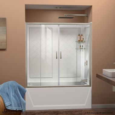 Click here to see DreamLine DL-6995-04CL DreamLine DL-6995-04CL Visions Clear Tub Door w/ Brushed Nickel Trim & White Acrylic Backwall