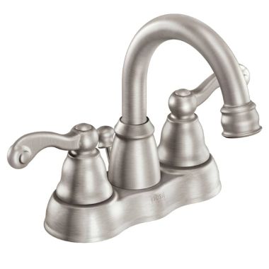 Click here to see Moen WS84003SRN Moen Traditional Two-Handle High Arc Spot Resist Brushed Nickel Bathroom Faucet with 50/50 Pop-Up Drain, 1.2 GPM, Lever Handles, Rotating Spout, WaterSense, ADA - WS84003SRN