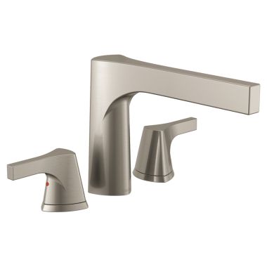 Click here to see Delta T2774-SS Delta Zura Two-Handle Roman Tub Faucet Trim, Angular Spout, Lever Handles, ADA-Compliant, Stainless - T2774-SS