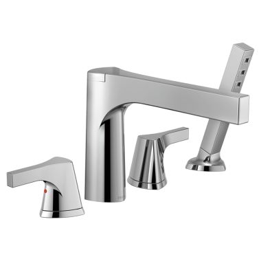 Click here to see Delta T4774 Delta Zura Two-Handle Roman Tub Faucet Trim with 1.75 GPM Single-Setting Hand Shower, H2OKinetic, Touch-Clean, Angular Spout, Lever Handles, Chrome - T4774