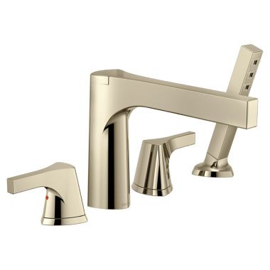 Click here to see Delta T4774-PN Delta Zura Two-Handle Roman Tub Faucet Trim with 1.75 GPM Single-Setting Hand Shower, H2OKinetic, Touch-Clean, Angular Spout, Lever Handles, Polished Nickel - T4774-PN