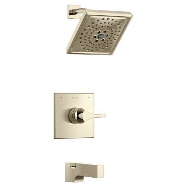 Click here to see Delta T14474-PN Delta Zura Monitor 14 Series H2Okinetic Tub/Shower Faucet with Rain Showerhead, Single-Handle, 1.75 GPM, Lever Handle, Polished Nickel - T14474-PN