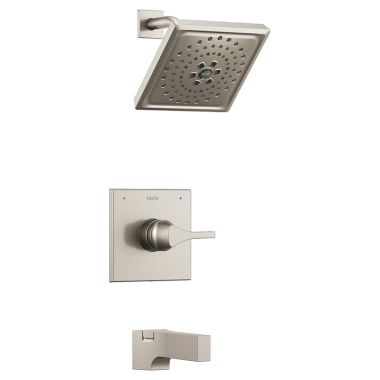 Click here to see Delta T14474-SS Delta Zura Monitor 14 Series H2Okinetic Tub/Shower Faucet with Rain Showerhead, Single-Handle, 1.75 GPM, Lever Handle, Stainless - T14474-SS