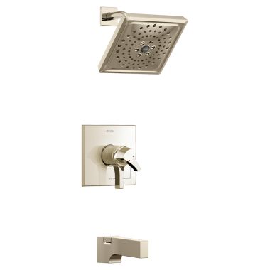 Click here to see Delta T17474-PN Delta Zura Monitor 17 Series H2Okinetic Tub/Shower Faucet with Volume Control, 3-Setting Rain Showerhead, Two-Handle, 1.75 GPM, Polished Nickel - T17474-PN