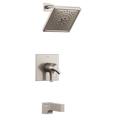 Click here to see Delta T17474-SS Delta Zura Monitor 17 Series H2Okinetic Tub/Shower Faucet with Volume Control, 3-Setting Rain Showerhead, Two-Handle, 1.75 GPM, Stainless - T17474-SS