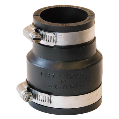 Click here to see Fernco P1056-215 Fernco 1056 Flexible Pipe Reducing Stock Coupling, 2 X 1-1/2 in x 3.392 in, Plastic, 4.3 psi, PVC