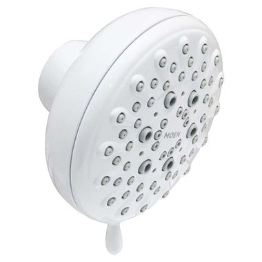 Click here to see Moen 23045W Moen Banbury 4in Shower Head, 5-Spray Function, Spot Resist, Fixed Wall-Mount, Round Shape, 1/2in IPS connection, White - 23045W