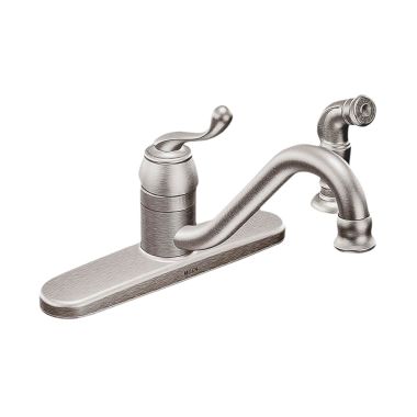 Click here to see Moen CA87520SRS Moen Muirfield Single Handle Kitchen Faucet w/ Side Spray, 8 in Center, Stainless - CA87520SRS