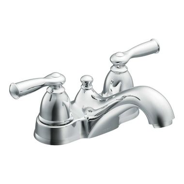 Click here to see Moen WS84912 Moen Banbury Two-Handle Low Arc Chrome Centerset Bathroom Faucet with Pop-Up Drain, 1.2 GPM, ADA Lever Handle, Three-Hole - WS84912
