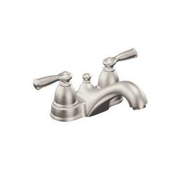 Click here to see Moen WS84912SRN Moen Banbury Two-Handle Low Arc Spot Resist Stainless Centerset Bathroom Faucet with Pop-Up Drain, 1.2 GPM, Lever Handle, WaterSense, ADA,  - WS84912SRN