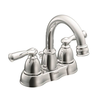 Click here to see Moen WS84913SRN Moen Banbury Two-Handle High Arc Spot Resist Brushed Nickel Centerset Bathroom Faucet with Plastic Pop-Up, 1.2 GPM, ADA Lever Handle, Three-Hole - WS84913SRN