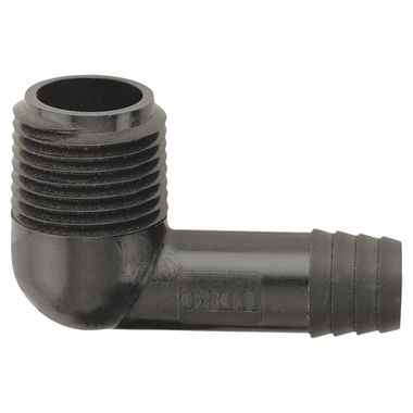 Click here to see Toro 53304 Funny Pipe 53304 Non-Threaded Pipe Elbow, 3/8 X 1/2 in, Barbed X Male, 120 psi, Plastic