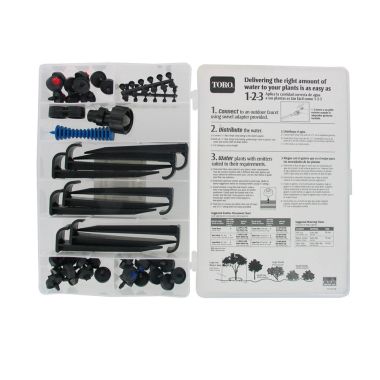 Click here to see Toro 53619 Toro 53619 67-Piece Drip Emitter Kit, 0.25 - 8 gph, 8 - 60 psi, 1 in FNPT, 1/2 in